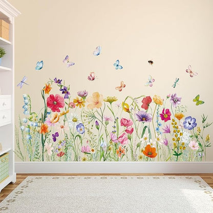 Colorful Flower Wall Sticker Floral Plant Grass Wall Decal Peel and Stick Flowers Butterfly Wall Art Mural Spring Wildflower Wall Sticker Decor for Bedroom Living Room