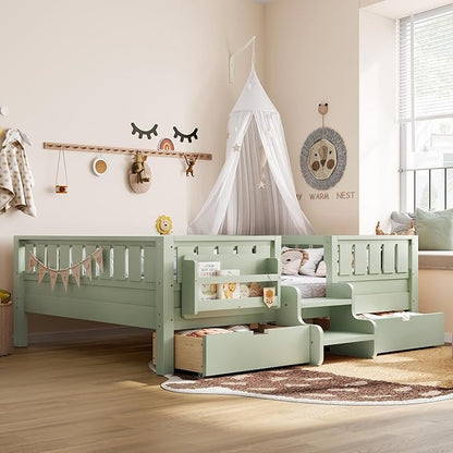 Bellemave Full Size Bed with Slats and Stairs, Full Size Platform Bed Frame with Fence, Bookshelf and Storage Drawers, Easy Assemble Beds for Kids, Girls, Boys, Green