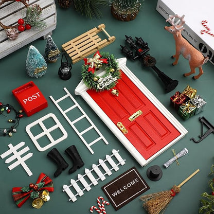 Shappy 39 Pcs Christmas Fairy Door Kit Wooden Elf Fairy Doors Decorations with Accessories Mini Door Tiny Miniature for Christmas Tale DIY Craft Garden Home Party Decoration(Red)