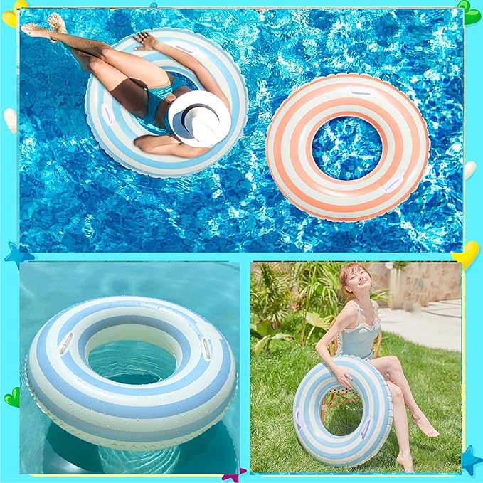 2 PCS Striped Pool Floats for Adults Swimming Rings Tube with Handles -Inflatable Pool Float Tube for Adults Pool Floats for The Beach, Party, Vacation