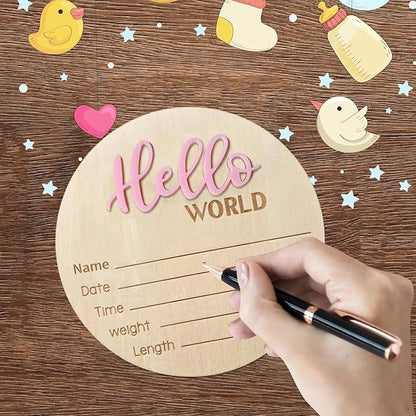 Baby Announcement Sign, 5.9 Inch Wooden Hello World Newborn Signs, Birth Announcement Sign, Baby Shower Hospital Nursery for Newborn Boys and Girls (Pink,Pen)