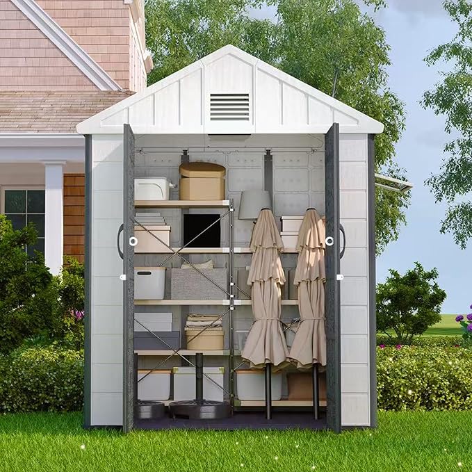 Kingdura 6x4 FT Resin Outdoor Storage Shed with Reinforced Floor, All-Weather Resistant Plastic Garden Outside Bike Tool Shed with Lockable Doors, Window for Backyard Patio Poolside