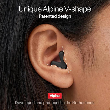 Alpine Silence Earplugs for Sleep, Focus & Travel - V-Shape Snug Fit & Soft Oval Tips – 4 Sizes XS/S/M/L - Comfortable, Reusable Hearing Protection - 22dB – Black
