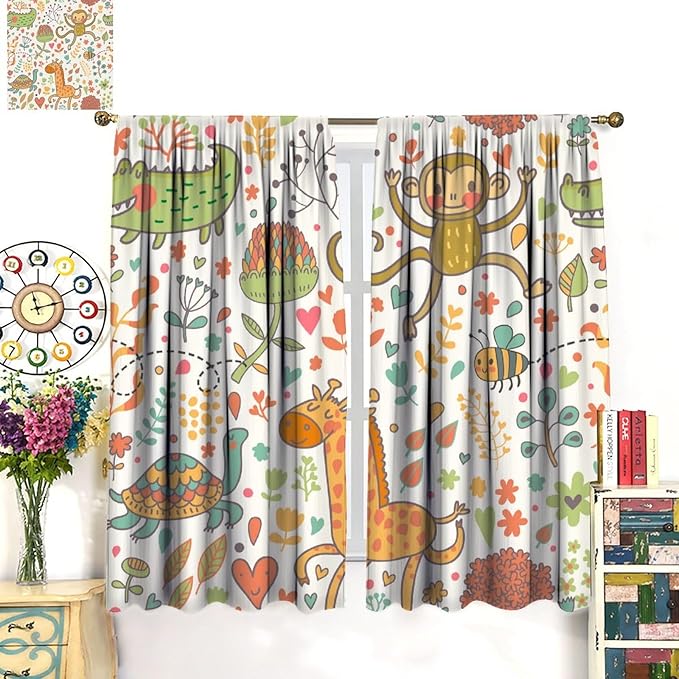 Cute Monkeys Curtains, Zoo Theme Cartoon Funny Animals Crocodile Giraffe Turtle with Flowers Print Thermal Insulation Window Drapes for Kids Boys Girls Baby Bedroom Living Room 63x72in