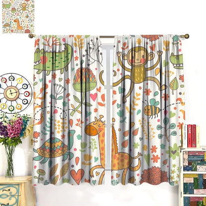 Cute Monkeys Curtains, Zoo Theme Cartoon Funny Animals Crocodile Giraffe Turtle with Flowers Print Thermal Insulation Window Drapes for Kids Boys Girls Baby Bedroom Living Room 63x72in