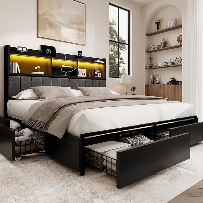 King Bed Frame with 6 Storage Drawers, Linen Upholstered Headboard, Built-in