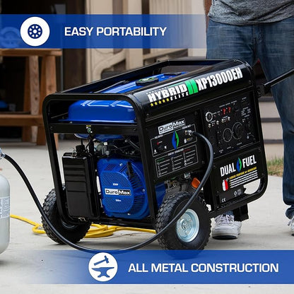 DuroMax XP13000EH 13,000-Watt Dual Fuel Portable Generator - Gas & Propane, Electric Start, Whole Home Backup Power, Transfer Switch Ready, RV & Emergency Ready