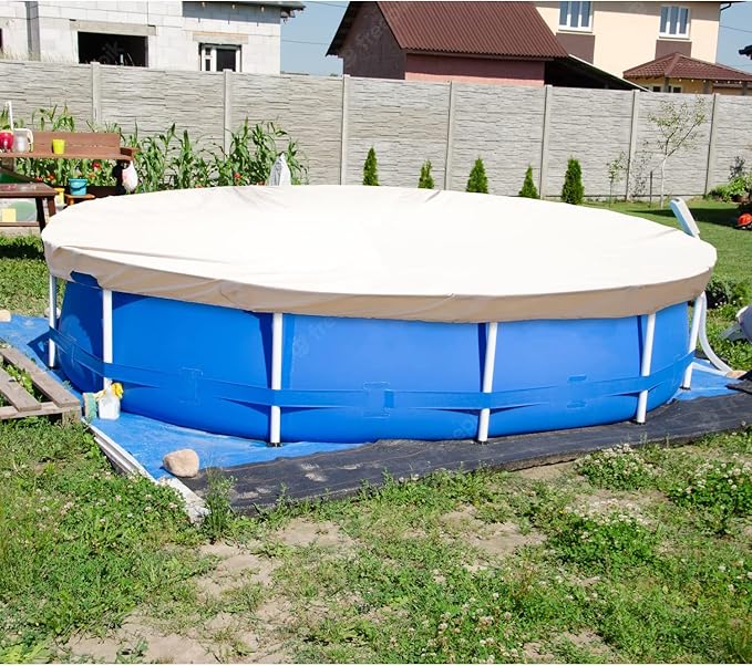 ECOOPTS 11 ft Waterproof Round Polyester Pool Cover for Above Ground Pools, Swimming Pool Cover Protector Winter Safety Cover (Beige)