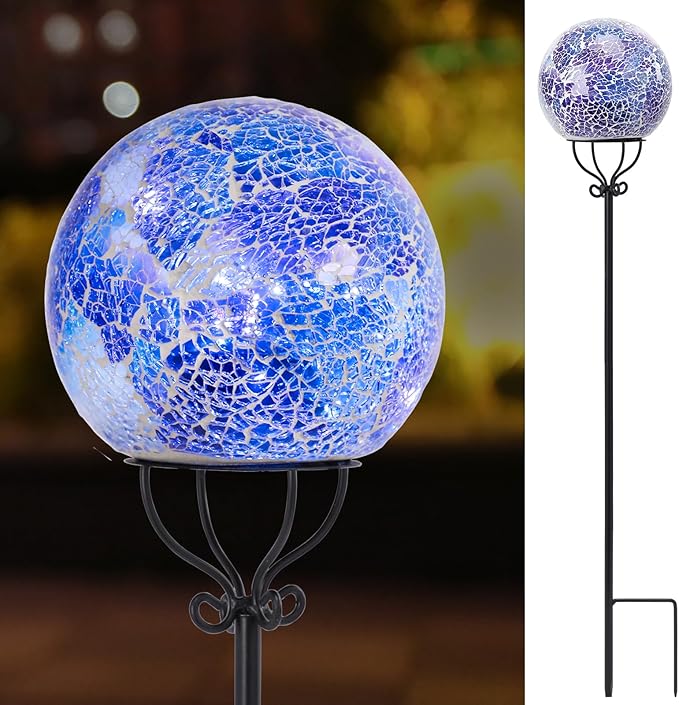 VCUTEKA Solar Outdoor Lights Garden Decor Mosaic Solar Garden Lights Waterproof Glass Ball LED Pathway Stake Light for Landscape Lawn Patio Yard Decoration 6 inch, Blue