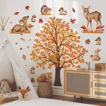 Large Autumn Fall Maple Tree Wall Decals Woodland Animals Creactures Mushroom Wall Stickers for Autumn Party Decorations Bedroom Living Room Wall Decor