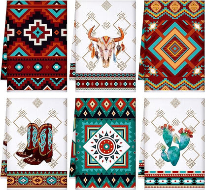 Boyiee Set of 6 Southwestern Kitchen Towels Boho Aztec Theme Dishtowel Native American Hand Tea Towels 24 x 16 Inches for Absorbent Kitchen Decor with Hanging Loop for Room Home Housewarming Gift