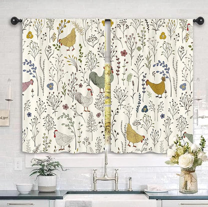 Rooster Chicken Leaves Kitchen Curtains 27.5W x 39L Inch Plant Botanical Rustic Farmhouse Cottagecore Rod Pocket Short Small Window Treatment Drapes Decor 2 Panels
