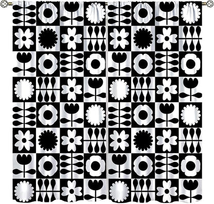 Mid Century Geometric Floral Curtains,Vintage 70s Window Treatments for Boys Girls Kids Bedroom Curtains,Boho Black and White Floral Curtains 72"" W X 63"" L, Style-10