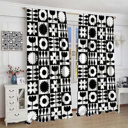 Mid Century Geometric Floral Curtains,Vintage 70s Window Treatments for Boys Girls Kids Bedroom Curtains,Boho Black and White Floral Curtains 72"" W X 63"" L, Style-10