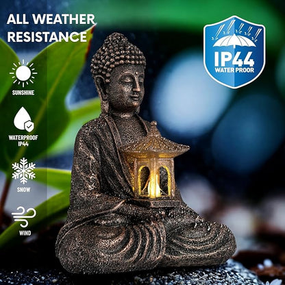 Buddha Garden Statue with Solar Light, Resin Zen Decor for Outdoor Patio or Indoor Meditation, Spiritual Gift for Women and Friends (Copper Pavilion)