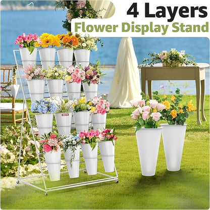 Flower Display Stand 4 Layers with 16 PCS Round Buckets, Plant Stand with Wheels, Movable Metal Plant Stand for Terrace Garden, Florist Shop