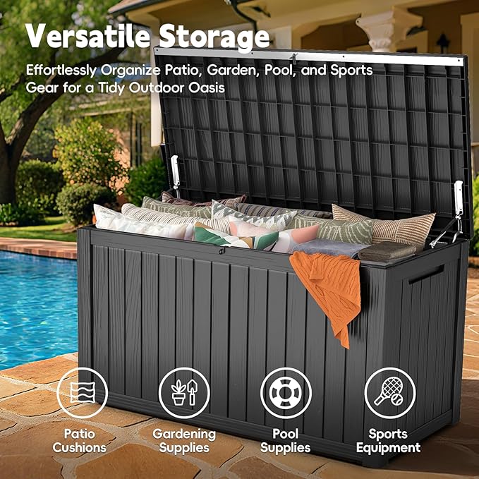 Outdoor Storage Box, 180 Gallon Waterproof Resin Deck Box, Storage Bin for Package Delivery, Patio Furniture Cushion, Garden Tools, Pool Accessories, Weatherproof and UV Resistant, Black