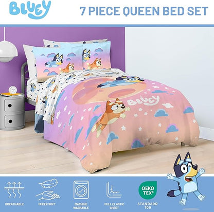 Jay Franco Bluey & Bingo Queen Comforter Set - 7 Piece Bedding Includes Sheet Set & Pillow Covers - Super Clouds & Stars Cozy Bedding