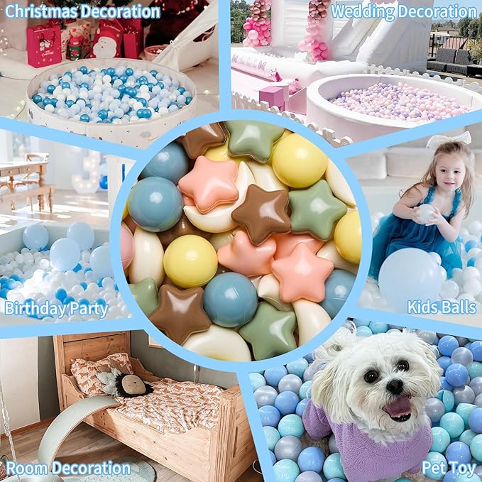 GOGOSO Ball Pit Balls Stars Moon Shapes Plastic Pitballs for Toddler Play Tent Baby Photo Props Kids Pool Water Toys Kiddie Pool Party Decor,Pink Blue Coffee,100pcs