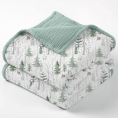 lulumoon Muslin Baby Blanket Neutral: Cotton Crib Blanket with Pine Tree - Soft Toddler Bedding for Registry Gift 47x47 Inches (Green Forest Stump)