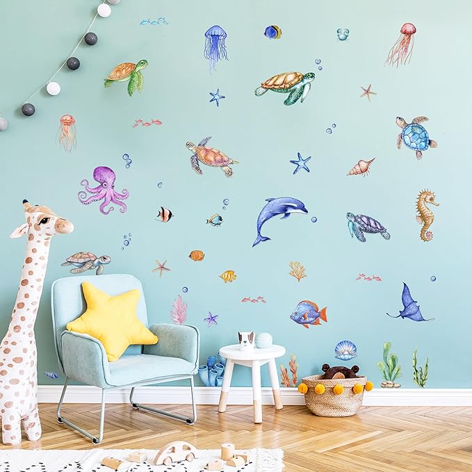 9 Sheets Under The Sea Wall Stickers Decals, ULENDIS Ocean Animal Sea Turtle Seaweed Whale Fish Wall Sticker, Removable Marine Themed Wall Decorations for Nursery Bedroom Bathroom Living Room