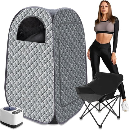 Portable Steam Sauna, Personal Steam Sauna Tent for Home Spa, Full Size Portable Spa Sauna Box with 3L 1000W Sauna Steamer, Large Size Foldable Chair Included, Grey