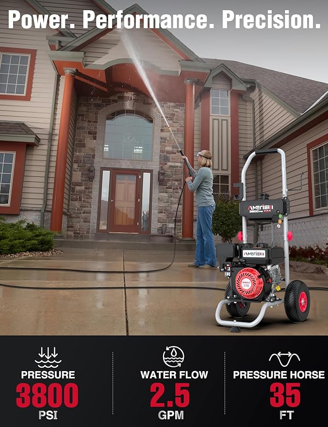 Gas Pressure Washer MAX 3800 PSI, MAX 2.5 GPM, 212CC, with Onboard Soap Tank, Metal Spray Wand, 5 Nozzles for House Siding, Driveways, Cars