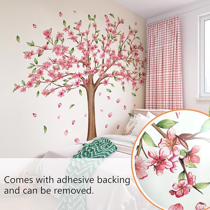 Large Cherry Blossom Wall Decals - Pink Flower Tree Wall Stickers for Girls Kids Bedroom Nursery Living Room TV Wall Decor (H: 45 Inch)