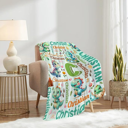 Personalized Custom Green Dinosaur Blanket Gifts for Kids Boys Girls with Name - Customized Green Dinosaur Super Soft Lightweight Flannel Sheets Decor for Crib Nap Couch - 90"x120" for Whole Family