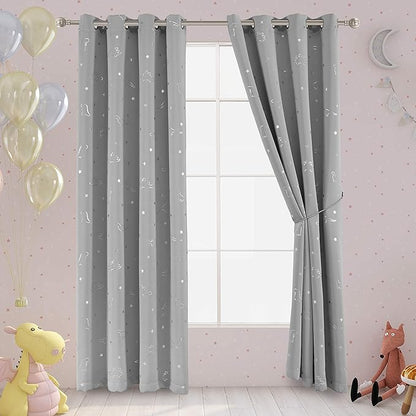 LORDTEX Dinosaur and Star Foil Print Blackout Curtains for Kids Room - Thermal Insulated Curtains Noise Reducing Window Drapes for Boys and Girls Bedroom, 52 x 108 Inch, Light Grey, Set of 2 Panels