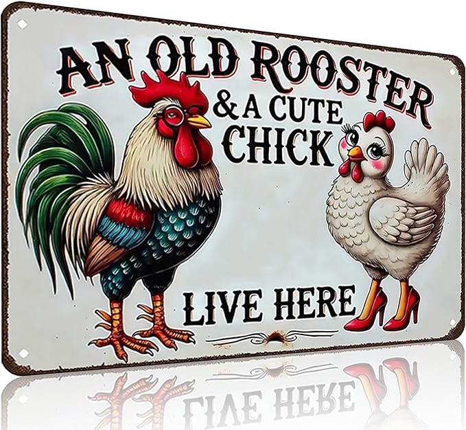 Funny Gifts for Women Chicken Lovers Farm Enthusiasts An Old Rooster And A Cute Chick Live Here Chicken Tin Sign for Chicken Coop Farm Kitchen Garden Yard Decor 8 X 12 Inch (3821)