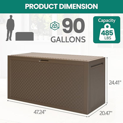 90 Gallon Outdoor Deck Box, Waterproof Outdoor Storage Box, Durable Resin Bin for Patio Cushions, Garden Tools and Pool Accessories, Lockable with UV Protection, Brown, Patio Furniture