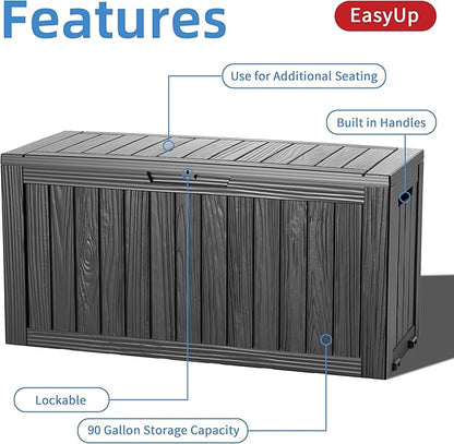 EasyUp 90 Gallon Outdoor Storage Box, Resin Waterproof UV-Resistant Deck Box, Reinforced Stability for Patio, Garden, and Poolside, Striped Black