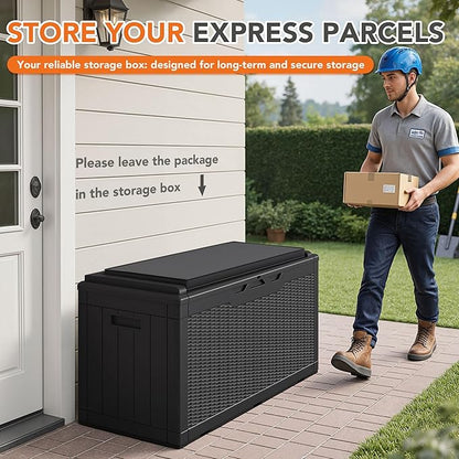 110 Gallon Deck Box Outdoor Indoor Waterproof Storage Box for Patio Furniture, Pool Accessories, Garden Tools, and Cushion Storage, Black