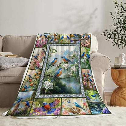 Blue Hummingbirds Blanket Moutain Flowers Bird Throw Blankets Gifts for Girls Boys Women Cozy Warm Soft Fuzzy Flannel Throw Plush Stuffed Animal Fleece Gifts for Kids Men Women for Sofa Bed 50" x60"