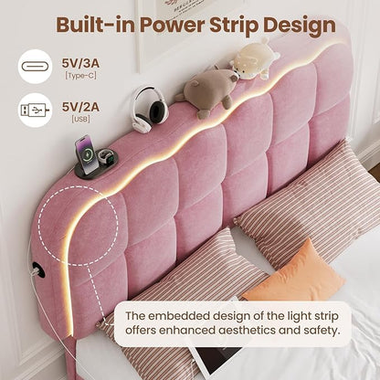 Full Size Bed Frame with 4 Storage Drawers and LED, Adjustable Clouds Headborad, Velvet Upholstered Platform Full Bed Frame with Charing Station, Wood Slats Support, No Box Spring Needed,Pink