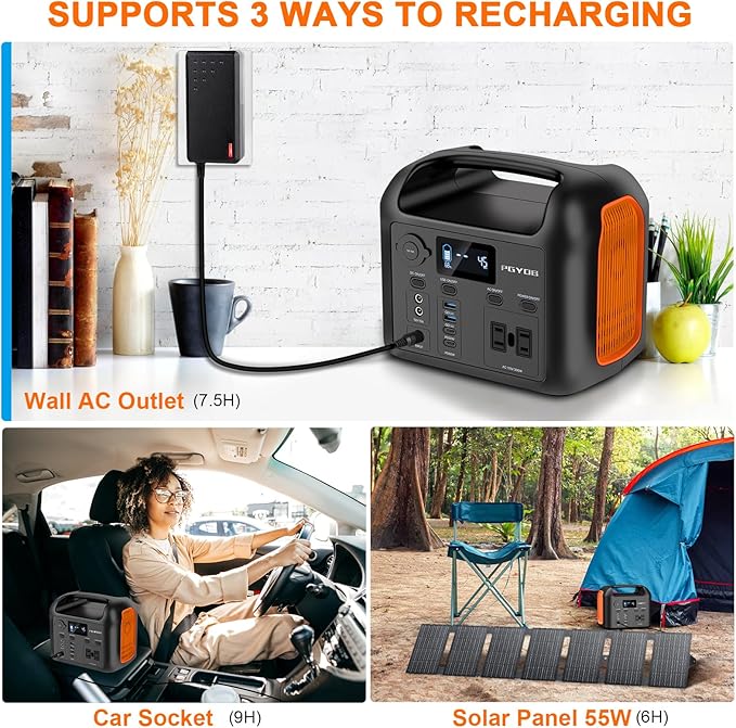 Portable Power Station with 55W Solar Panel, 299Wh LiFePO4 Backup Battery 300W Pure Sine Wave AC (600W Peak) Car Outlets PD 60W QC3.0 Solar Generator Power Bank for Camping, Emergency, CPAP
