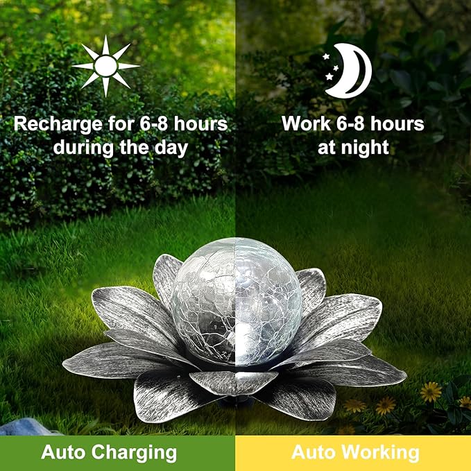 LEWIS&WAYNE Solar Garden Lights Outdoor, 3 Pcs Silver Gray Lotus Flower Pathway Lamps with Cool White Crackle Glass Globe Led Lights for Patio Pathway Yard Balcony Garden Decorations