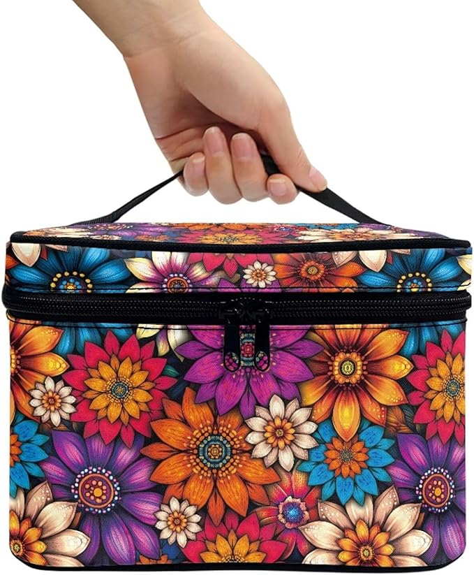 Vibrant Hippie Flower Pattern Travel Makeup Bags for Women Portable Tote Cosmetic Case with Carry Handle Toiletry Accessories Storage Organizer Bags
