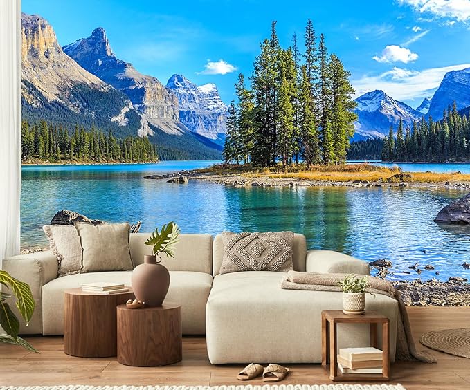 Nature Landscapes Mural Wallpaper Lake Mountain Tree Wall Mural for Bedroom Living Room Basement(Not Self-Adhesive)