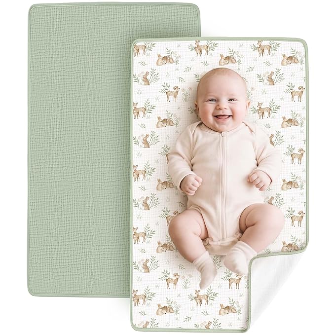 Konssy 2 Pack Waterproof Muslin Cotton Portable Changing Pad 30"x 17", Soft & Foldable Baby Changing Mat Travel Pad with Terry Backing, Shower Gift for Newborn Girls Boys (Woodland,Sage)