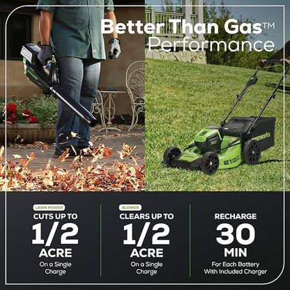 Greenworks 80V 21” Brushless (Push) Cordless Electric Lawn Mower + (500 CFM) Axial Leaf Blower (75+ Compatible Tools), (2) 2.0Ah Batteries and 30 Minute Rapid Charger