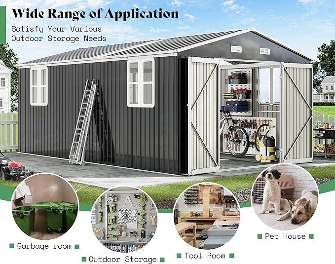 AMERLIFE 10x16x7.2 FT Metal Storage Shed with 2 Transparent Panels, Outdoor Tool Shed with Hinged Double Doors, Windows & Vents, Reinforced Steel Frame for Backyard Garden, DIY Workshop, Dark Gray