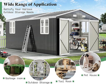 AMERLIFE 10x16x7.2 FT Metal Storage Shed with 2 Transparent Panels, Outdoor Tool Shed with Hinged Double Doors, Windows & Vents, Reinforced Steel Frame for Backyard Garden, DIY Workshop, Dark Gray