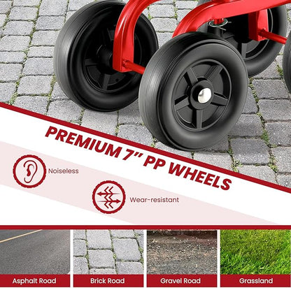 LDAILY Garden Seat with Wheels, Heavy-Duty Utility Stool Cart with Adjustable 11"-16" Height & 360° Rotatable, Rolling Garden Cart with Seat for Lawn Planting, Yard Work, Patio Gardening (Red)