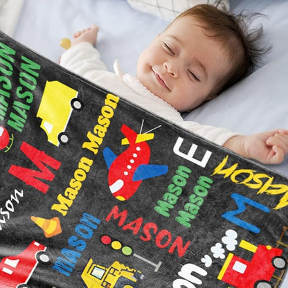Personalized Blanket with Name for Boys, City Car Transport Custom Name Blanket, Soft Flannel Toddler Blankets Customized Gift for Newborn Baby Shower Birthday-60 x80