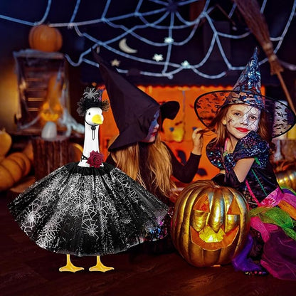 Halloween Porch Goose Outfits and Goose Clothes Fits 23" Plastic Cement Statues, Black Goose Outfit Costume with Rose Necklace for Outdoor Patio Yard Lawn Party