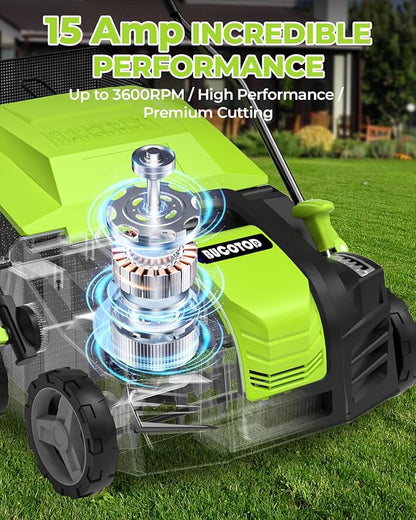 2-in-1 16-Inch Dethatcher & Scarifier Electric Corded, 15 Amp Copper Motor, Electric Lawn Dethatcher with 5-Position Depth Adjustment, 14.5 gal Thatch Bag,Walk Behind for Yard Lawn Garden Care