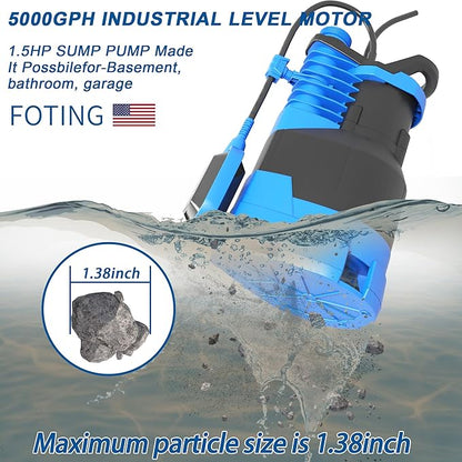 FOTING 1.5HP Sump Pump Automatic & Maunal Mode,with Float Switch, 5000GPH Big Flow Clean & Dirty Submersible Water Pump, 16FT Electric Utility Pump for Pool Draining Hot Tub Garden Basement
