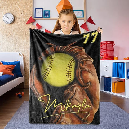 Personalized Baby Softball Blanket: Custom Bedding for Kids Soft Ball Throw Blankets - Perfect Newborn Gift Infant Swaddling Blanket with Name 60x80inch